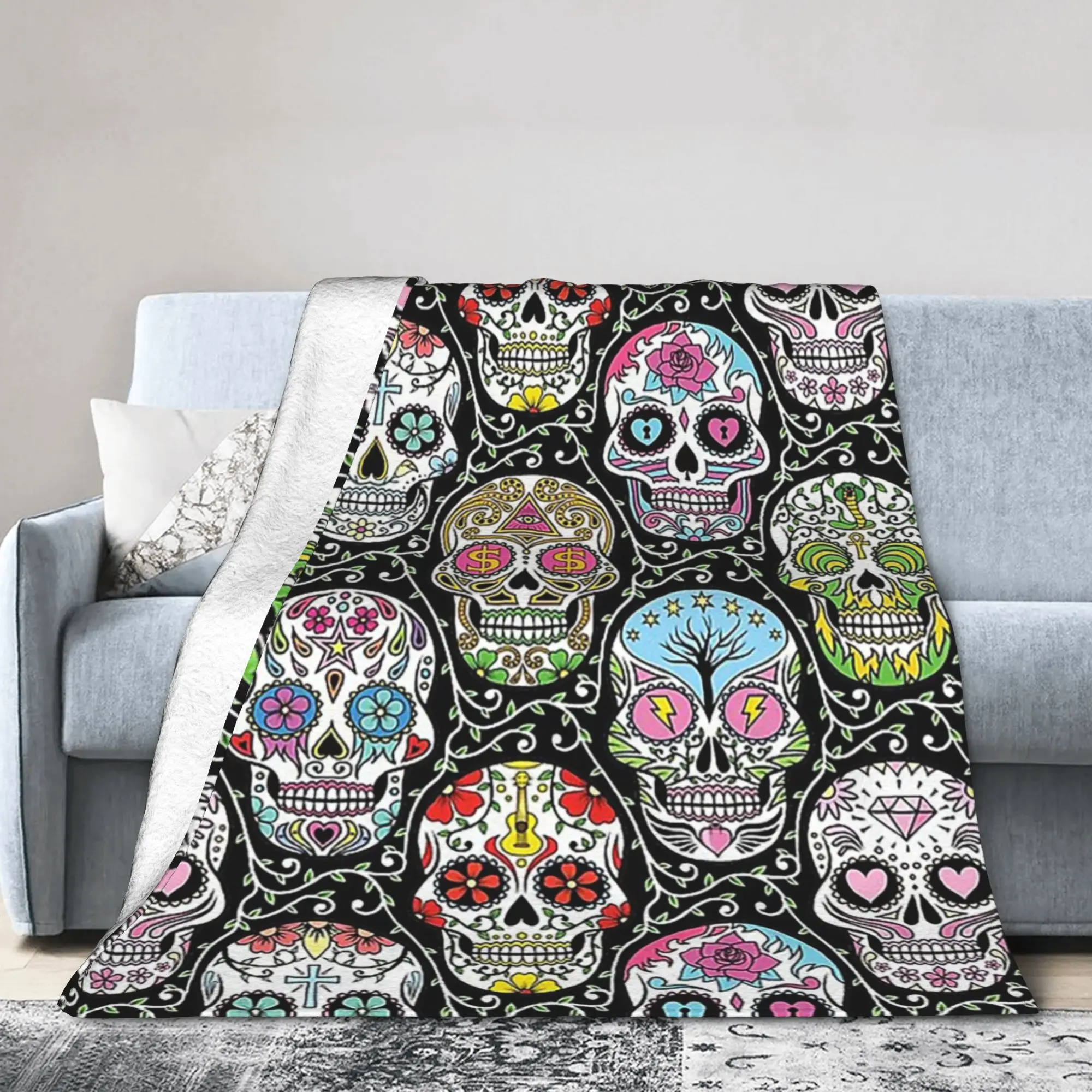 Mexican Skull Fleece Blanket Bright Colorful Mandala Funny Throw Blankets for Bed Sofa Couch 200x150cm Plush Thin Quilt