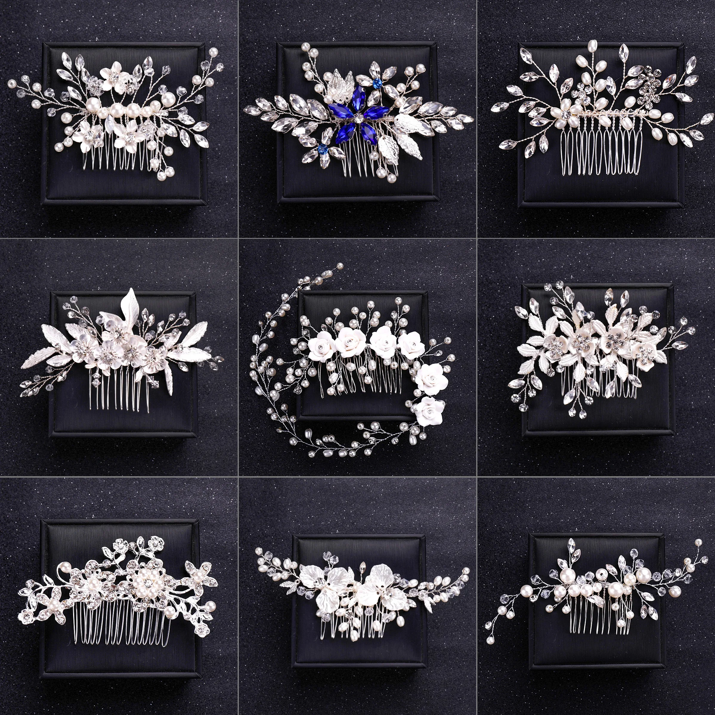 Trendy wedding flower hair accessories Handmade silver pearl hair comb tiara rhinestone bride headdress bridal hair ornaments