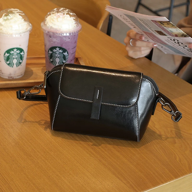 Oil Wax Cowhide Genuine Leather shoulder Crossbody Small Bag for Woman Fashion Versatile Shell bag Lady Casual Phone Bag image 4