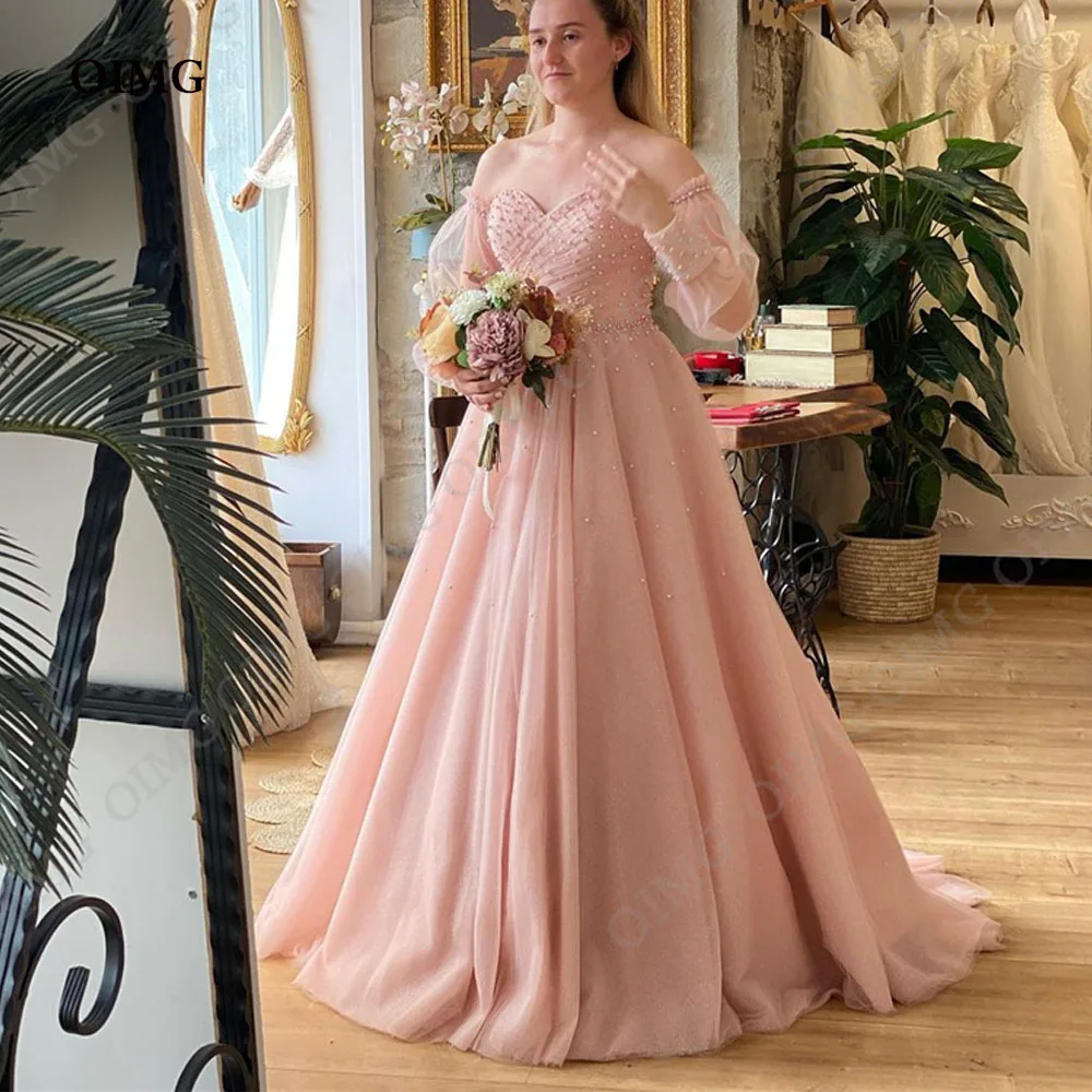 

OIMG Pink Pearls Organza Evening Dresses Off Shoulder Short Sleeves Women Party Prom Gowns Long Dubai Arabic Saudi Robe De Soire