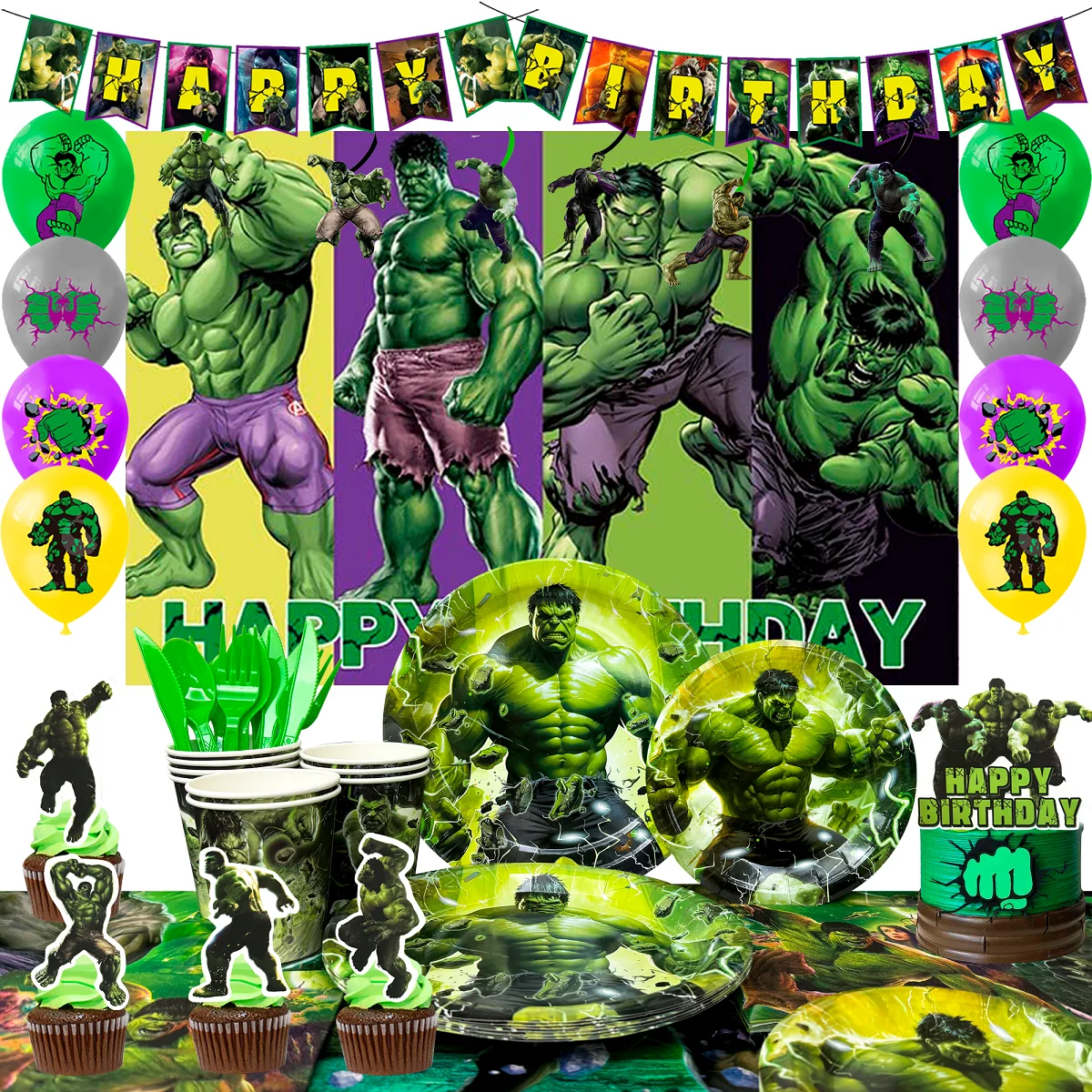 Décorations de fête Marvel Hulk et vaisselle, 112 pièces, décorations de fête, ballons, assiettes d'arrière-plan, etc., fournitures de fête d'anniversaire Hulk