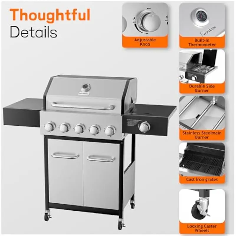 High-performance five-burner propane grill featuring integrated side burner, total heat output 68000 BTU, primary cooking area 5