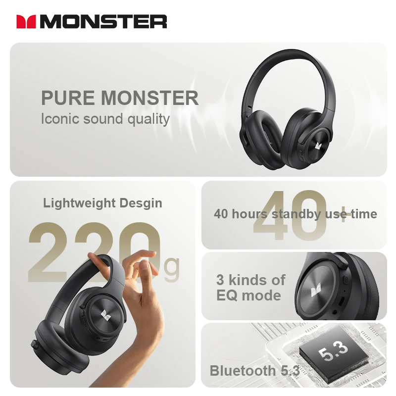 Monster MISSION 200 Wireless Headphones TWS Bluetooth 5.3 Earphones Sport Waterproof Headsets HD Stereo Bass Earbuds 40h Standby