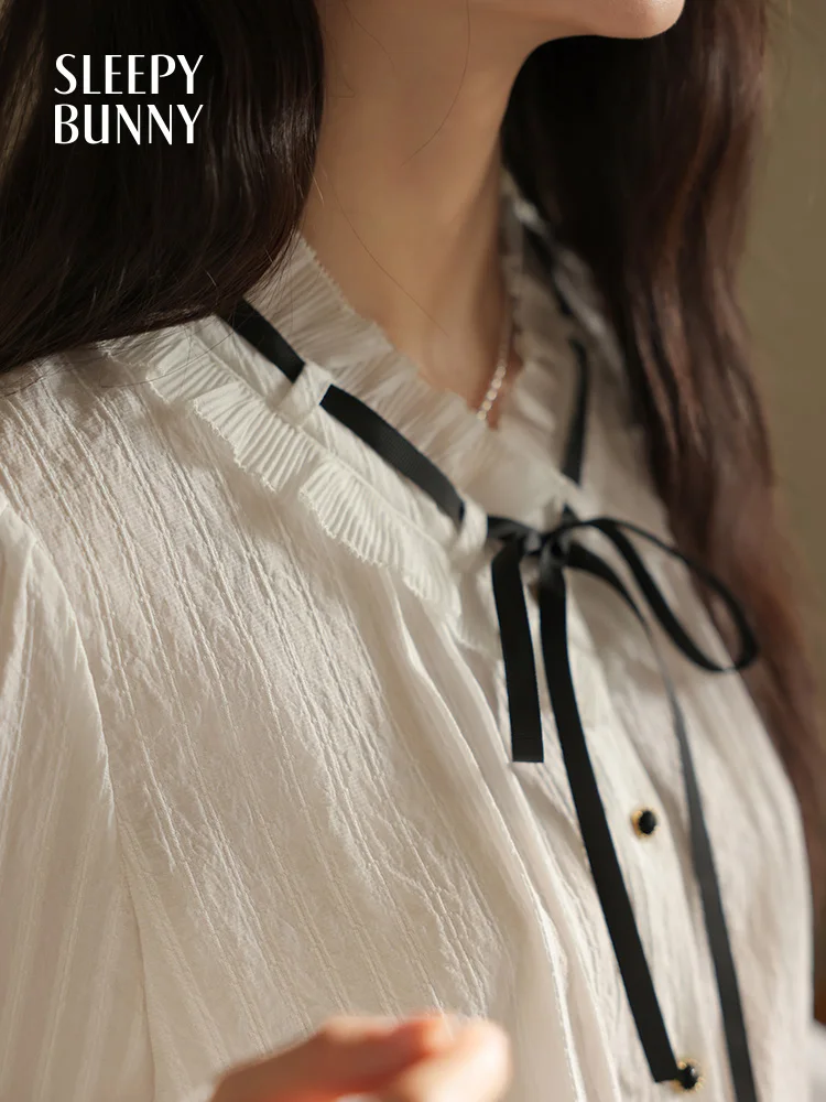 French Style Bow Tie Long Sleeve Blouse Women Elegant White Shirt Spring Slim Fit Chic Design Office Wear Vintage Style Tops