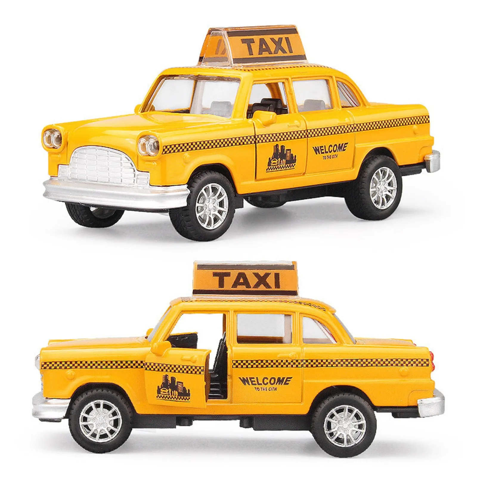 1:32 Taxi-Modellauto aus Druckgusslegierung mit Licht und Ton, gelbes Kabinenspielzeug zurückziehbar, Doppeltür, Sammlergeschenk für Kinder, Jungen und Mädchen