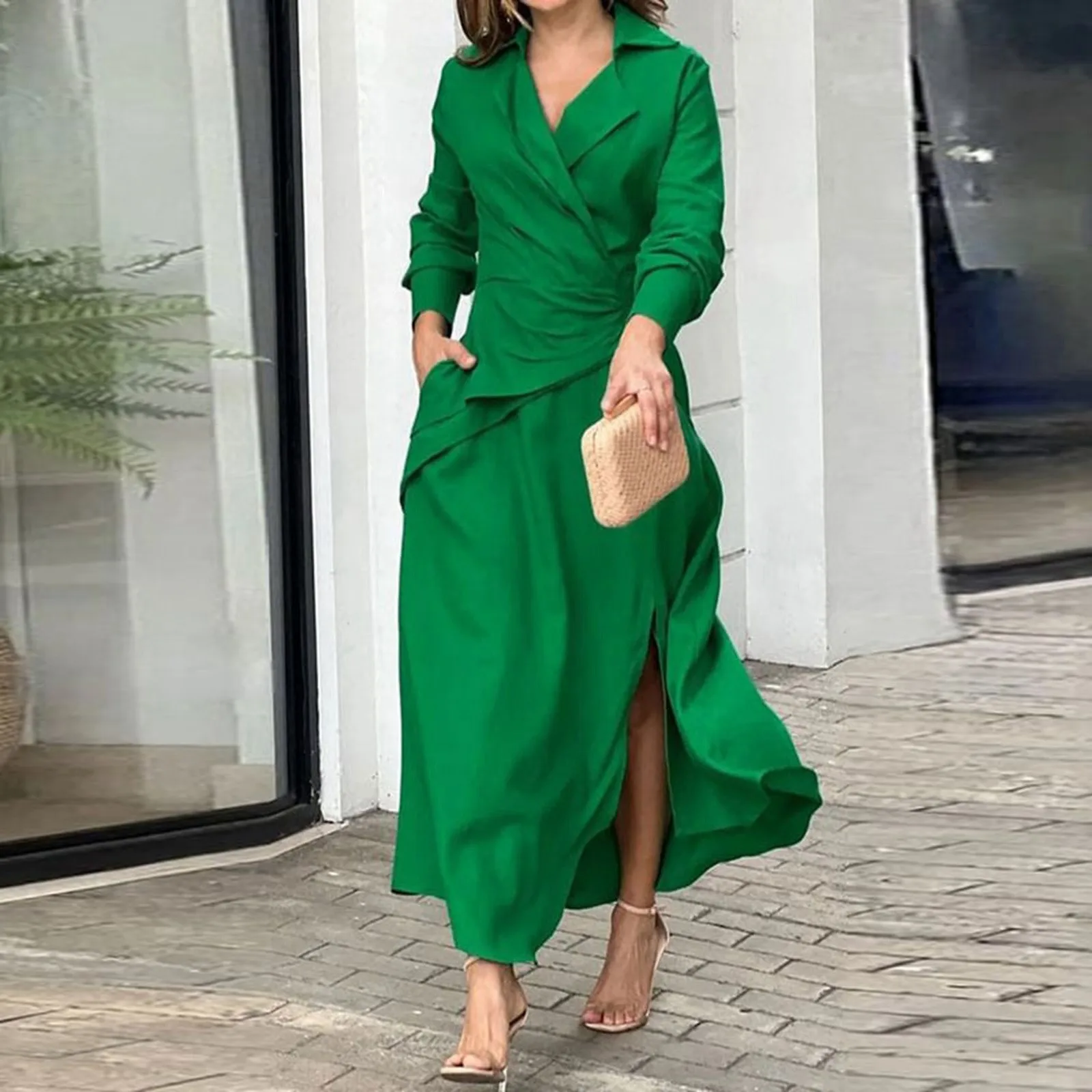 

Womens Dresses 2024 Spring Fashion Ruched Slit Asymmetrical Casual Notched Collar Plain Long Sleeve Semi-Sheer Maxi Daily Dress