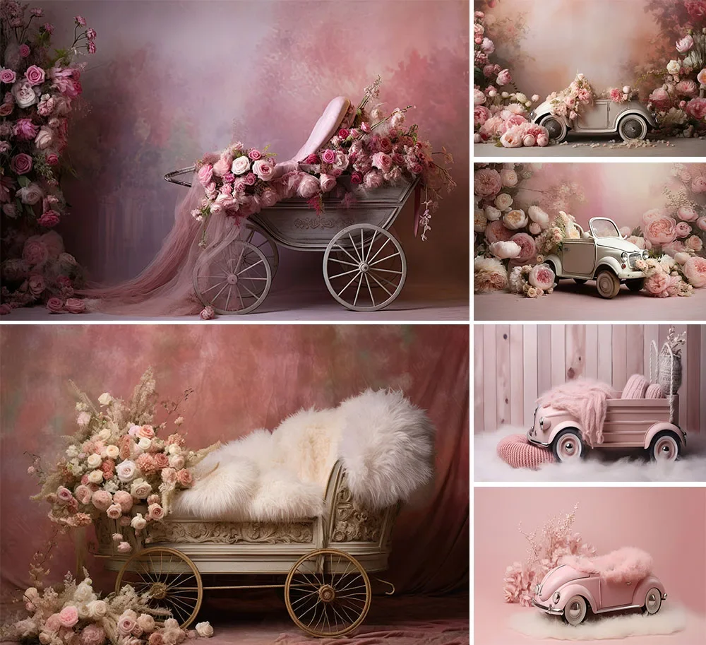 

Mehofond Photography Background Oil Painting Pink Flower Carriage Kids Birthday Cake Smash Portrait Decor Backdrop Photo Studio
