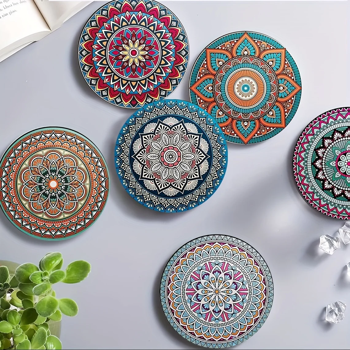 6PCS Elegant Retro Mandala 2D Wooden Coaster Colorful Lightweight for Coffee Shop Office Home Decor Computer Desk Insulation Pad