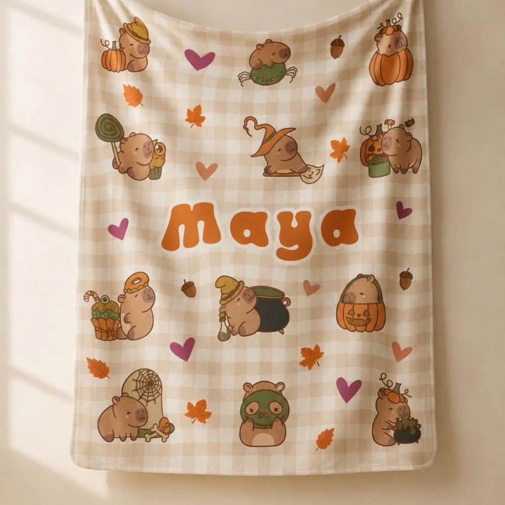 Kids Personalized Name Throw Blanket Soft Flannel Fleece Blanket Cute Cartoon Animal Pumpkin Maple Print Check Design