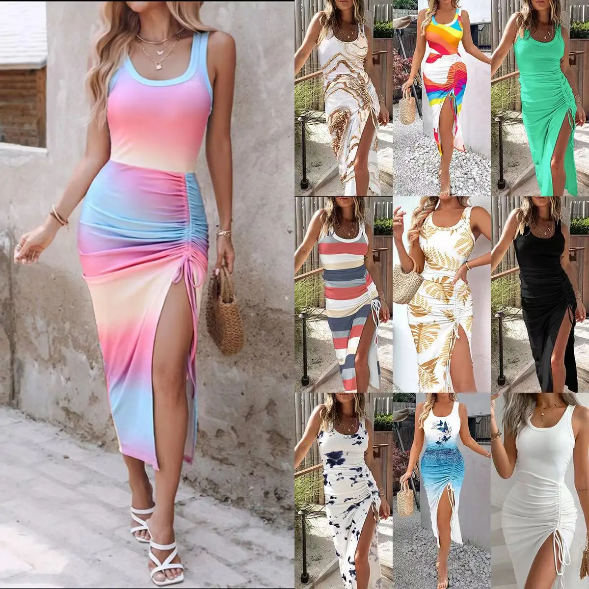 Fashion Printed Women's Summer Bodycon Long Dress Sexy Drawstring Split Beach Sheath Sundress Holiday Sleeveless Maxi Dresses