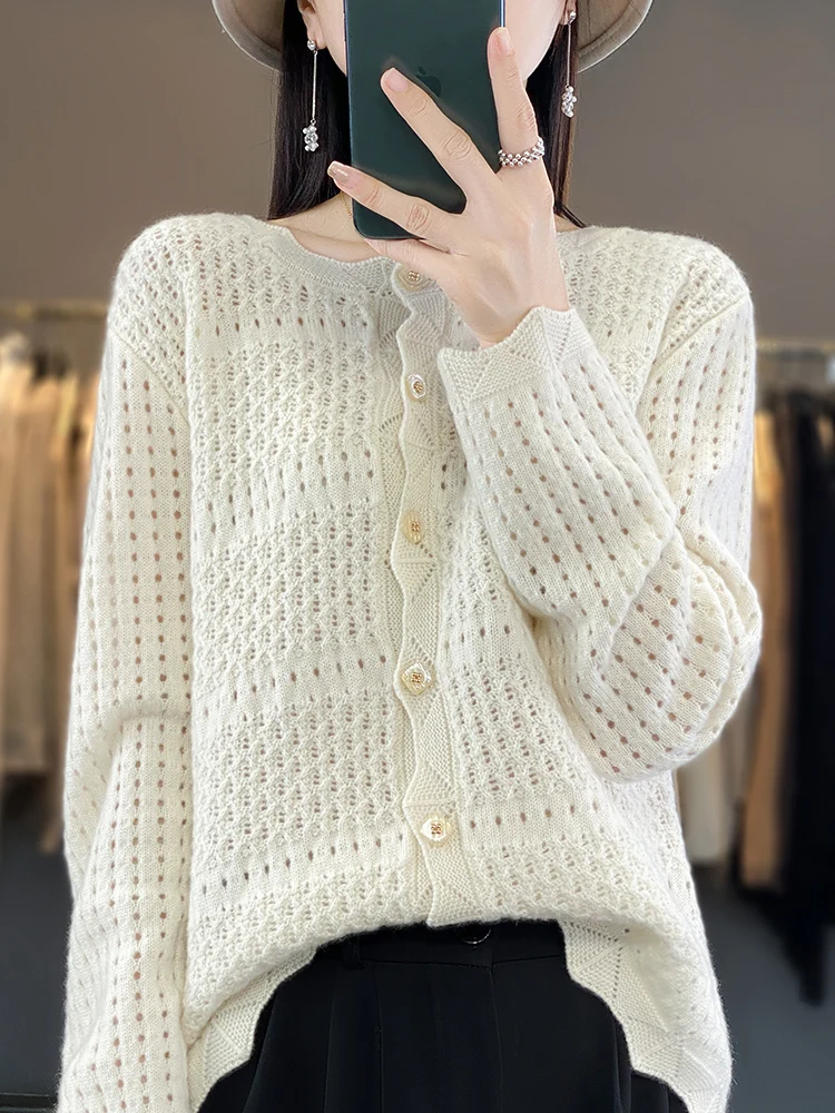 

Women Cardigan Sweater Autmn Winter Thick Soft 100% Merino Wool Hollow Out O-Neck Cashmere Knitted Female Coat Korean Fashion