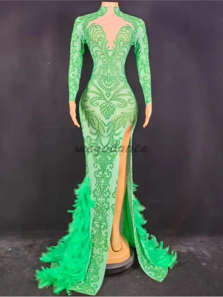 Vestido largo de tren de plumas de diamantes de imitación para mujer, traje de celebración de cumpleaños de boda, traje de espectáculo de fiesta de noche, nuevo