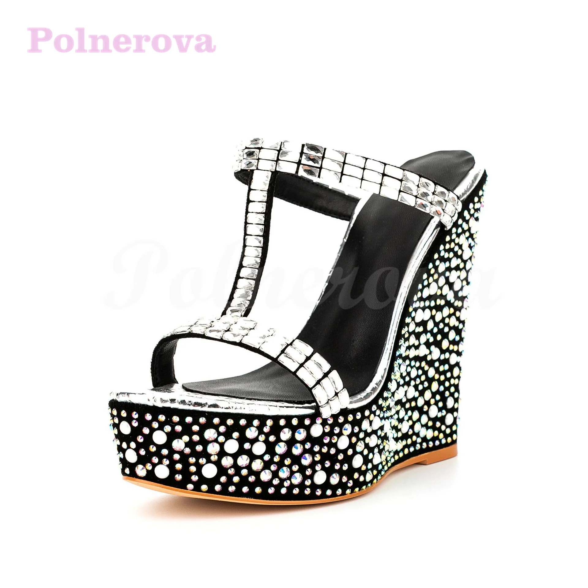 

Blingbling Rhinestone Thin Strap Round Toe Wedge Sandals Fashion Word with Platform Female Sandals Spring New Espadrille Sandals