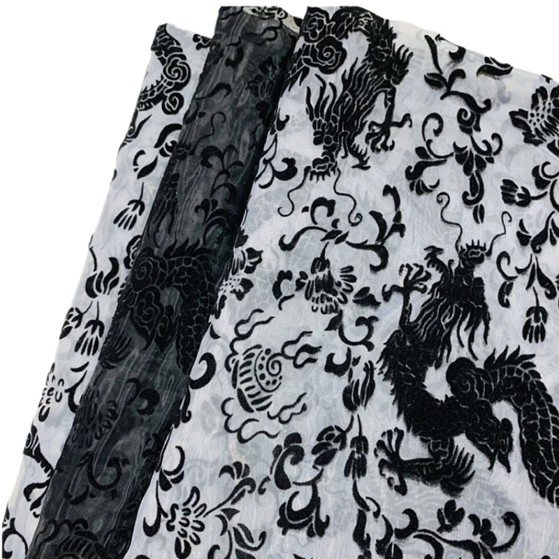 1yard Dragon Pattern Organza Flocking Fabric Flocked Yarn Gauze Fabrics for Chinese Style Material Dress Cheongsam Hanfu Scarf