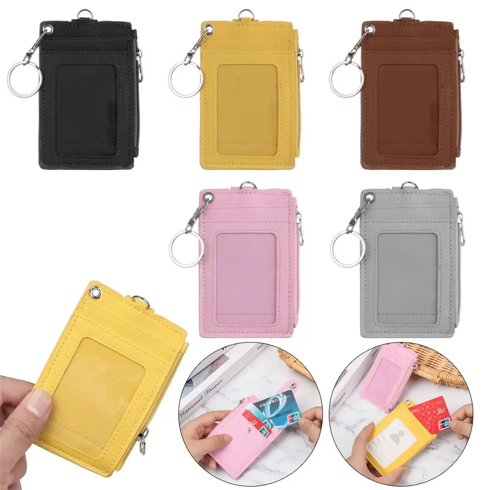 Portable PU Leather Office Work Coin Purse Wallet Keychain ID Card Holder Bus Cards Cover PU Leather Wallet
