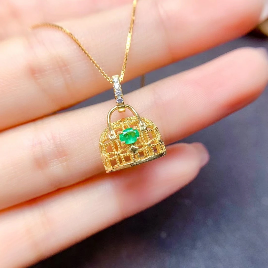 925 Silver Women's Handbags Pendant with Gemstones 3mm*4mm 100% Natural Emerald Pendant 3 Layars 18K Gold Plating No Fading