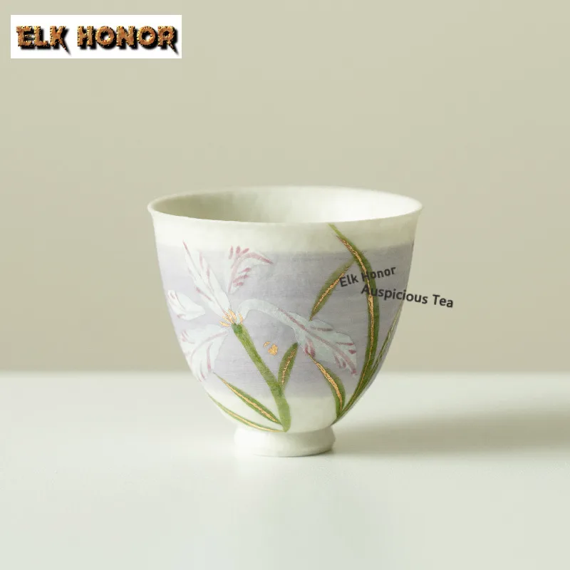 50ml Hand-painted Iris Flower Yuli Teacup Creative Tea Bowl Single Cups Tea-tasting Fragrance Cup Chazhan Master Cups Tea Gift