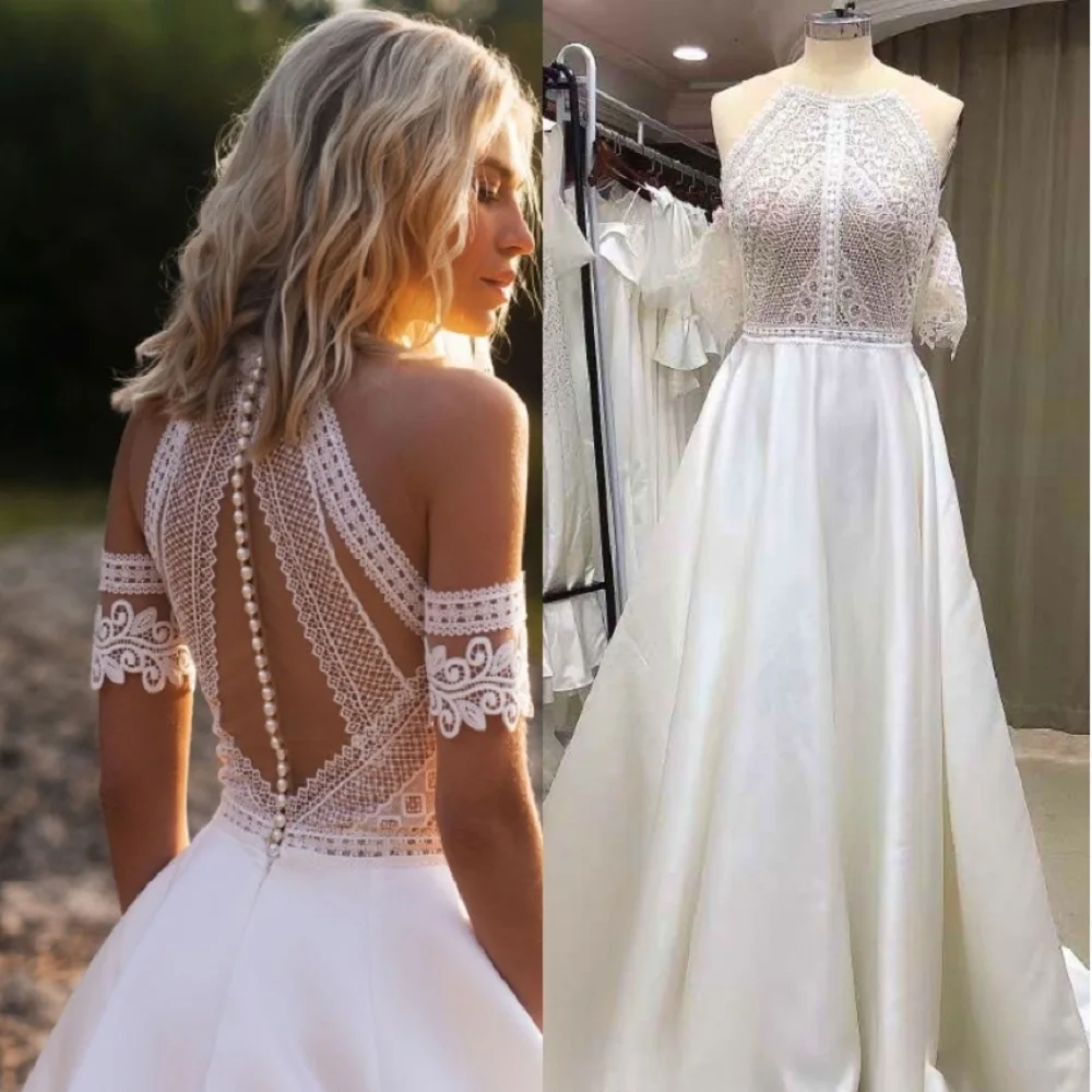 

ZJ4042 bohemio Lace Sleeveless Luxury Off Shoulder Wedding Dresses Beach Appliques Illusion Backless v