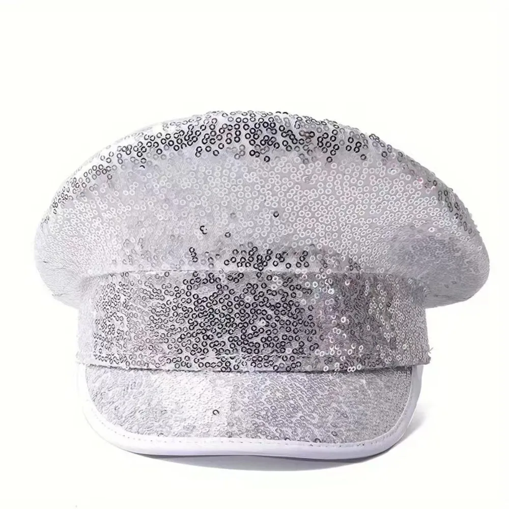 Fashion PU Leather Sequin Flat Top Hat Y2k Shiny Embellished Hat Sergeant Style Flat Caps Hats Prom Performance Bar