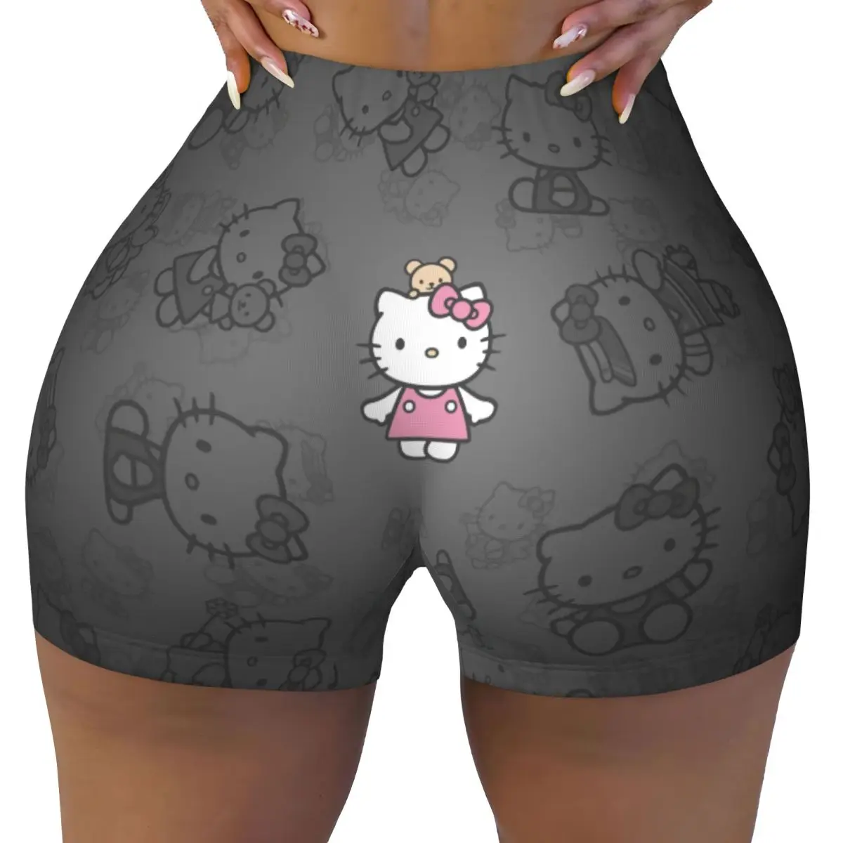 

Custom Kitty Anime White Cat Manga Cartoon Biker Running Workout Shorts Women Gym Athletic Yoga Shorts