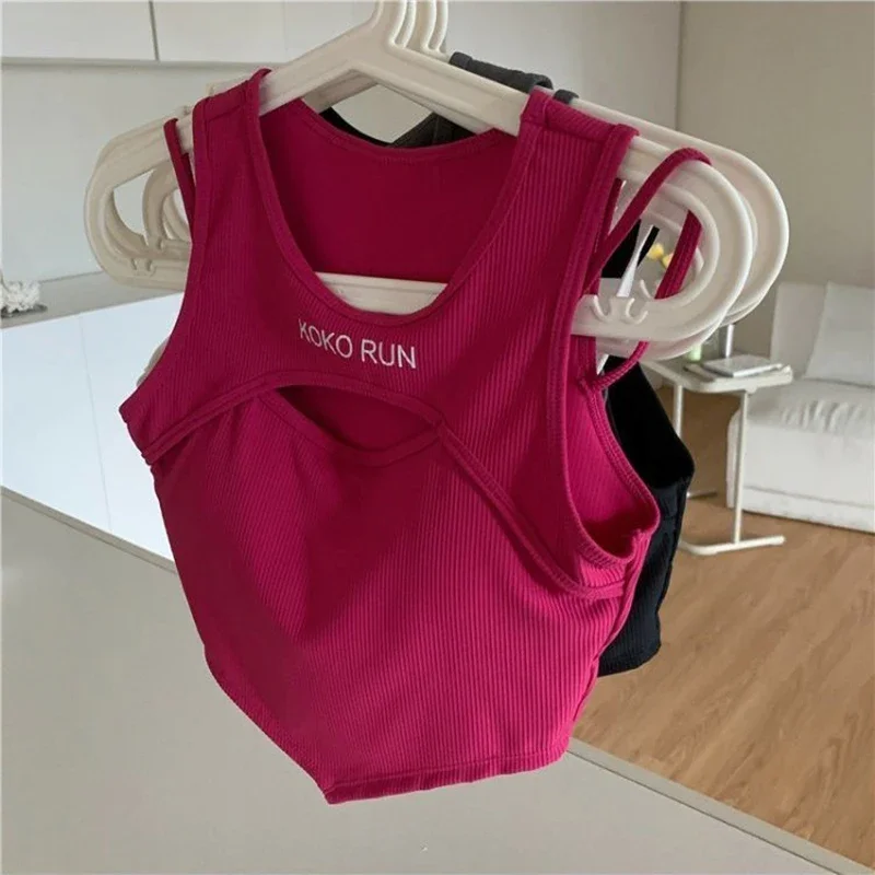 Casual Crop Tops Vrouwen Breien Onregelmatige Tops Uitgehold Hemdje Nep Twee Stukken Tanktops Met Bh Pad Vrouwen 2024 Zomer