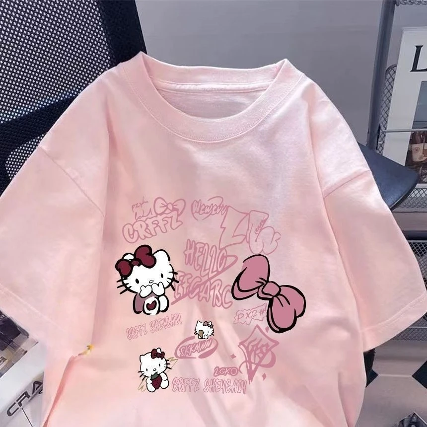 

Летняя футболка для мальчиков и девочек «Hello Kitty», семейная одежда для родителей и детей, повседневная свободная удобная одежда большого размера с короткими рукавами для мужчин и женщин