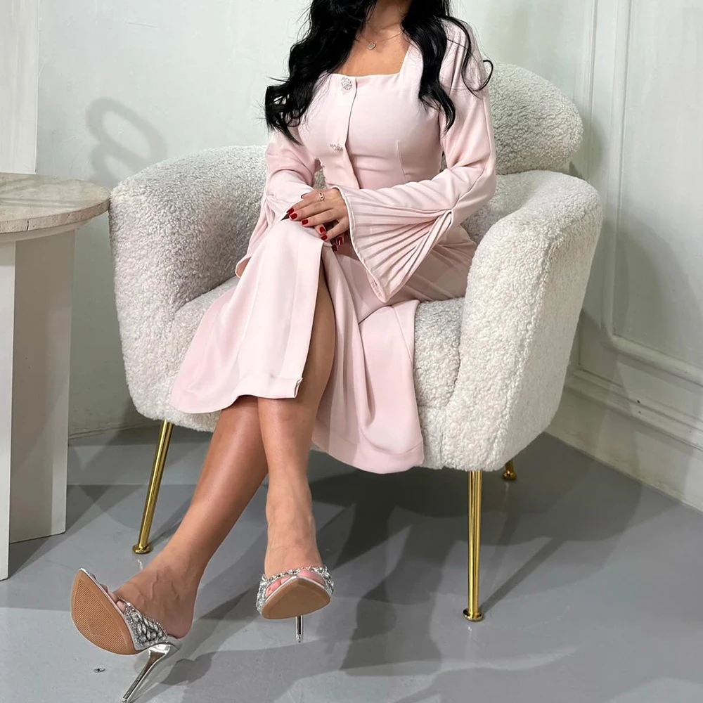 Classic Pockets Crystal Buttons Square Neck Ankle Length Straight Front Slit Celebrity Gowns Satin Long Sleeves فساتين سهرة