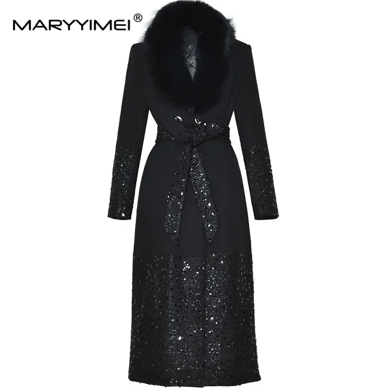 

MARYYIMEI Autumn and Winter Women's Coat Black Turn-Down Collar Lace-Up Long Sleeve Double Breasted Fashion Overcoat
