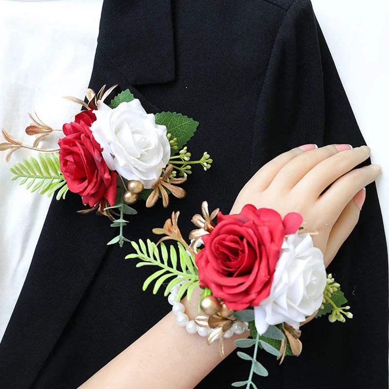 

25037 Red and White Bohemian Rose Flower Boutonniere and Wrist Corsage Perfect for Brides Groomsmen and Wedding Decorations