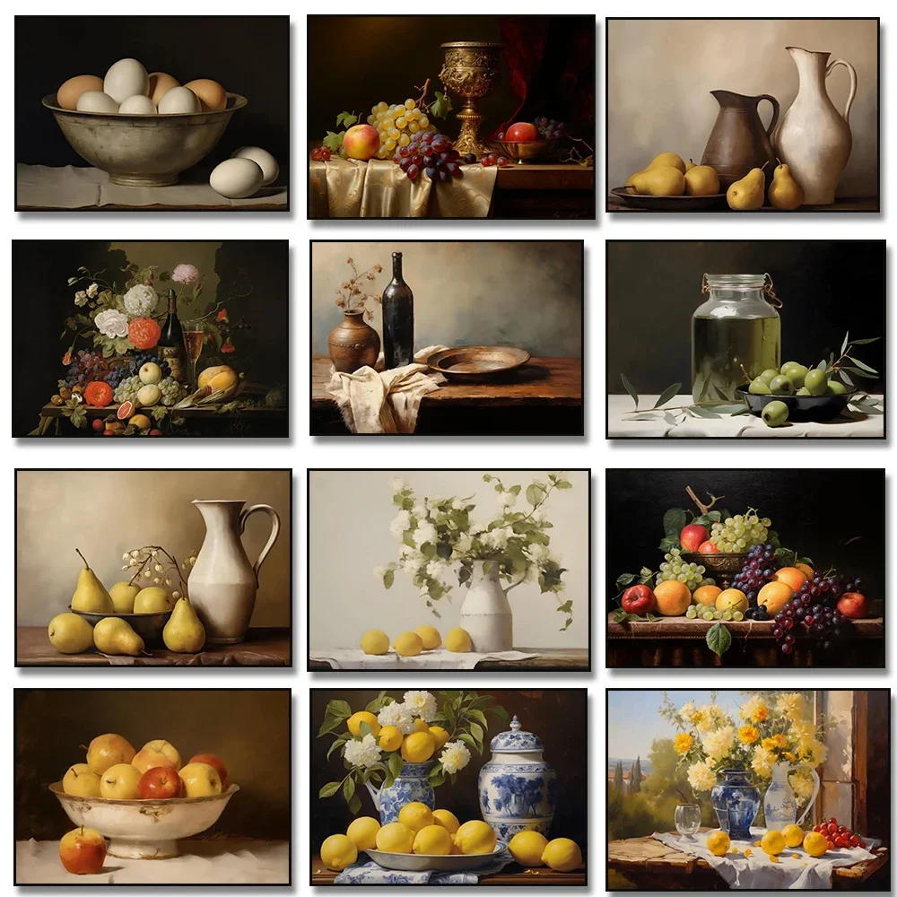 (No frame)Antique Fruits Still Life Apples Lemon Eggs Flower Olive Canvas Painting Poster Print Vintage Kitchen Rustic Room H