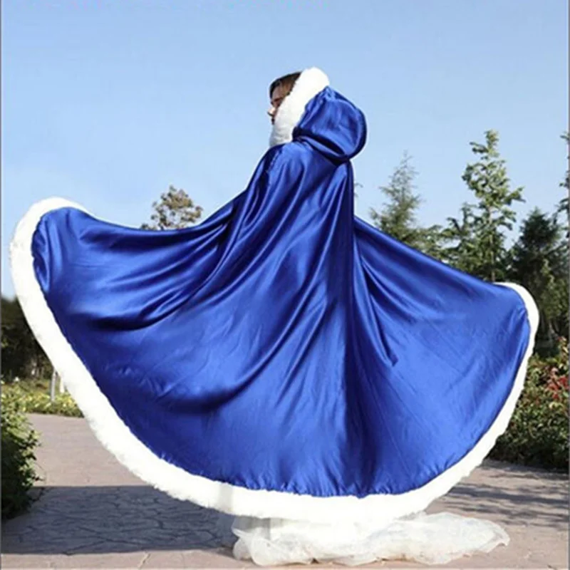 Long warm capes white ivory bride winter wedding cloak shawl satin + artificial fur cape coat adult poncho Wedding cloak