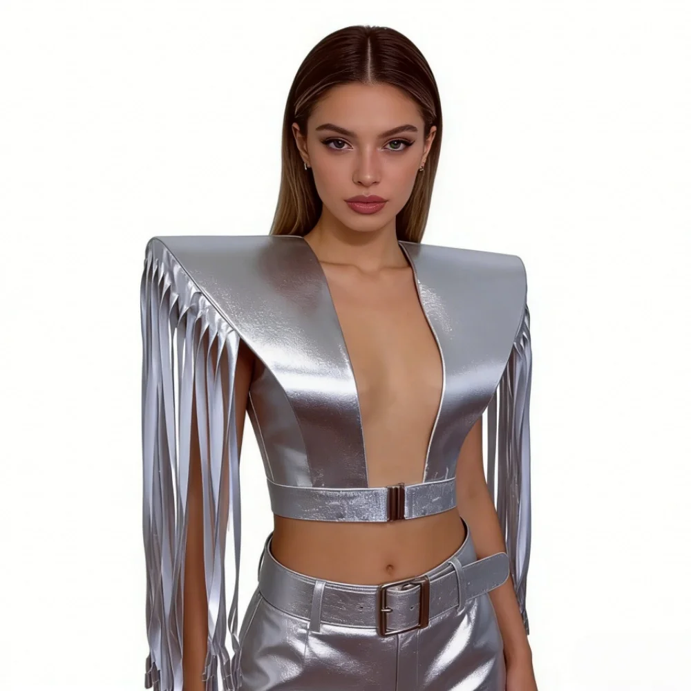 Red Silver Tassel Shoulder Pads Male Women Fringe Armor Vest Cosplay Halloween Costume Stage Accessories Singer Dance Costume