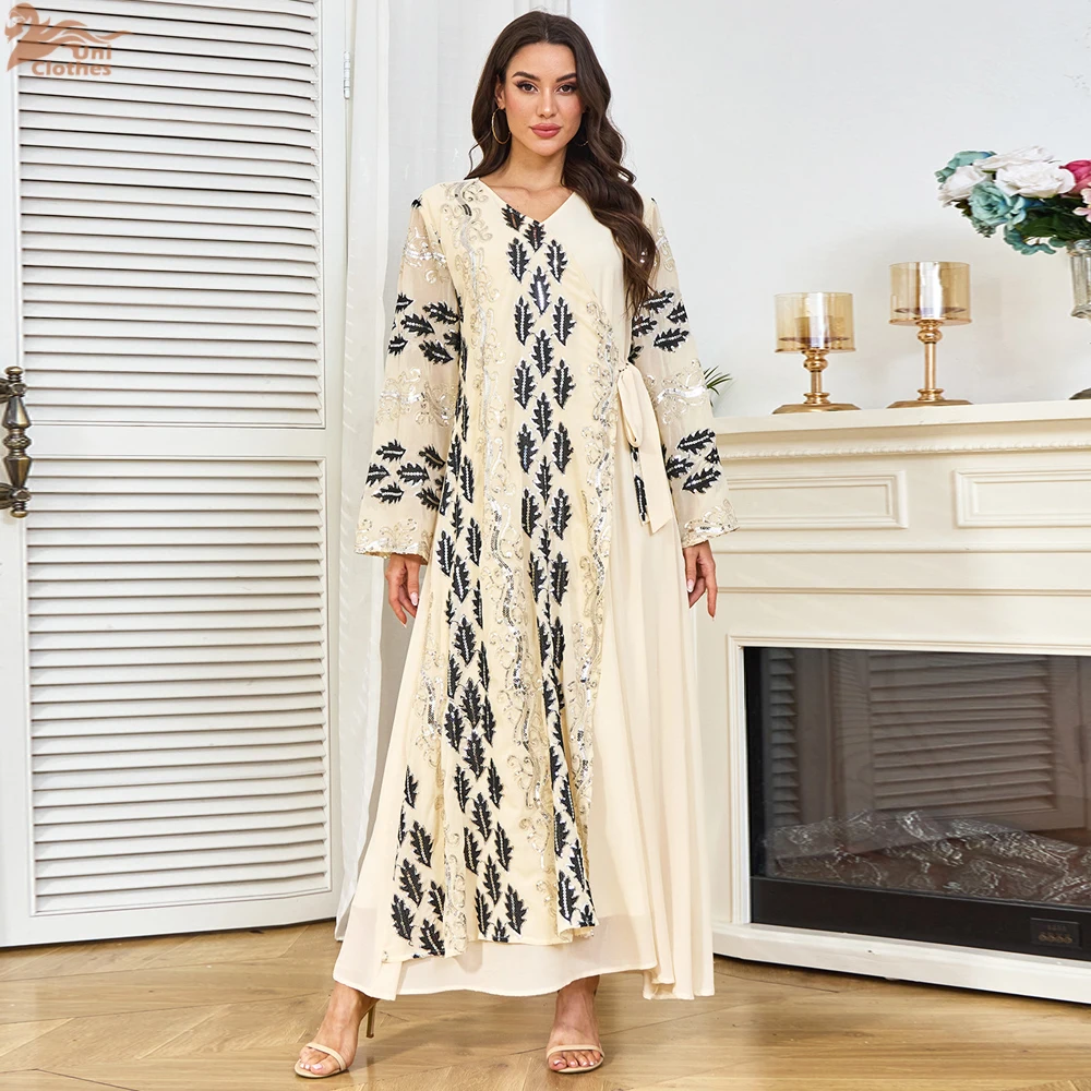 

Ramadan Eid 2025 Dubai Abaya New Muslim Women Dress V Neck Long Sleeve Sequin Caftan Robe Islamic Party Clothing Morocco Kaftan