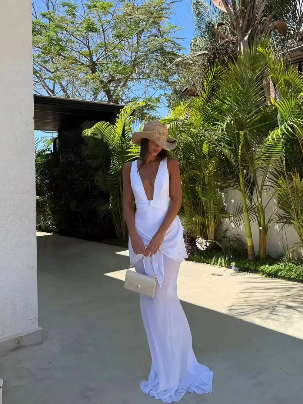 Luxury Deep V-Neck One Piece Swimsuit With Long Skirt Set Women Swimwear Fashion Lady Pearl Accents Bathing Suit Mujer Beachwear