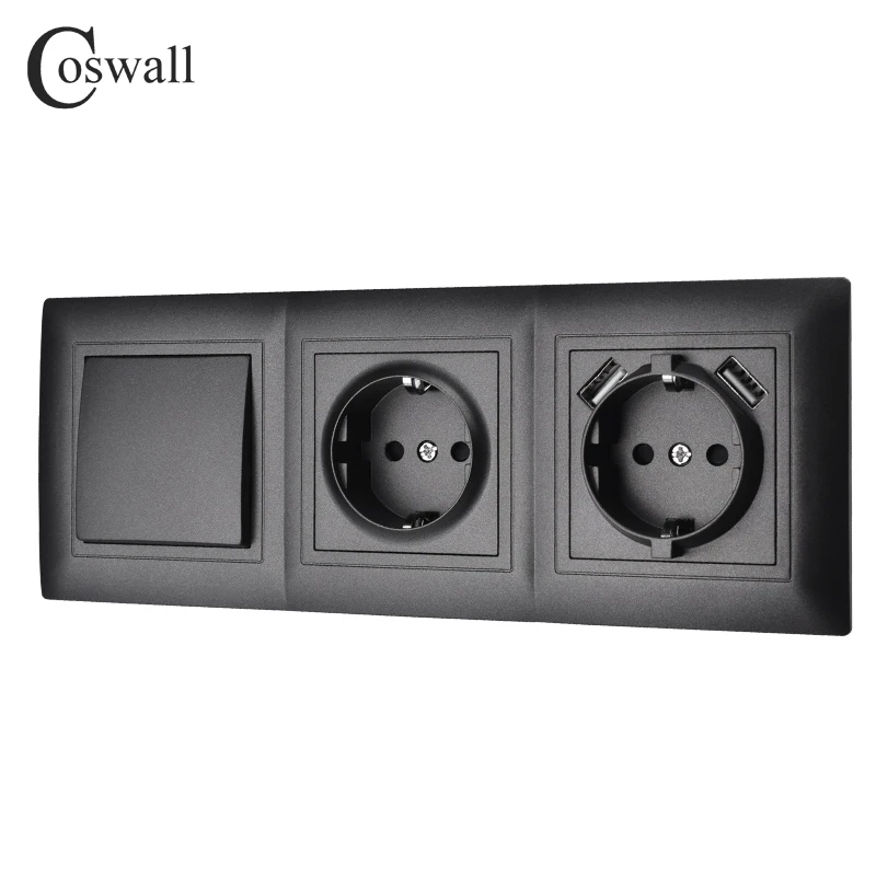 COSWALL H Series Plastic Panel Black Wall Rocker Switch EU Schuko Socket USB Type-A & C Charger Internet Satellite TV Module DIY