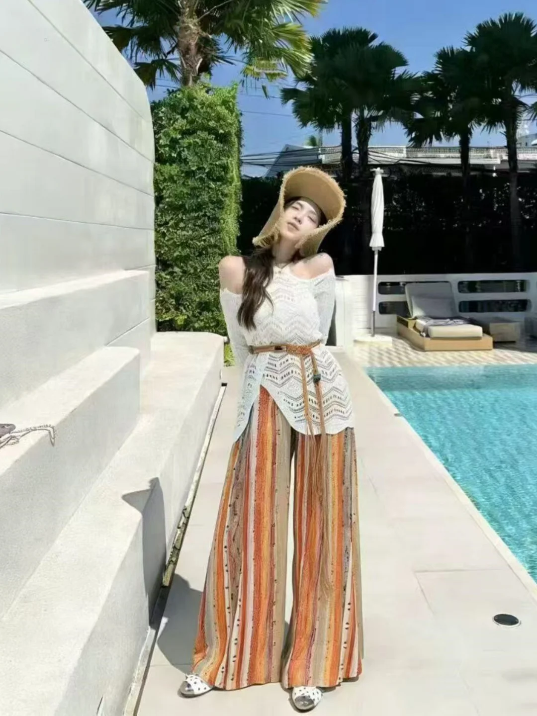 

Bohemian Striped Wide Leg Pants Women Summer Drapey Lazy Versatile Casual Island Beach Trousers High Waist Straight Cut