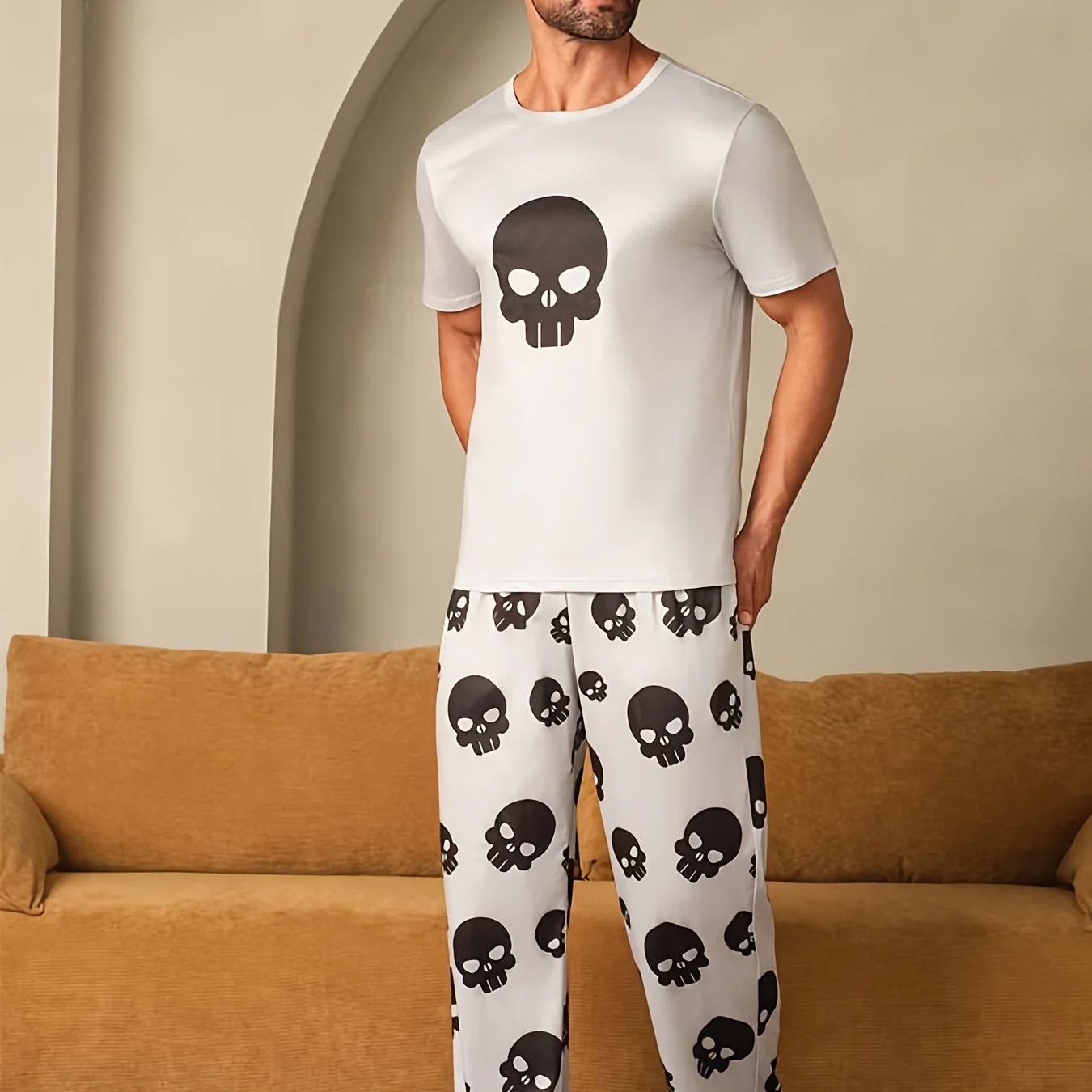 

【 Halloween Special Edition 】 A comfortable men's family pajama set with Halloween skull prints