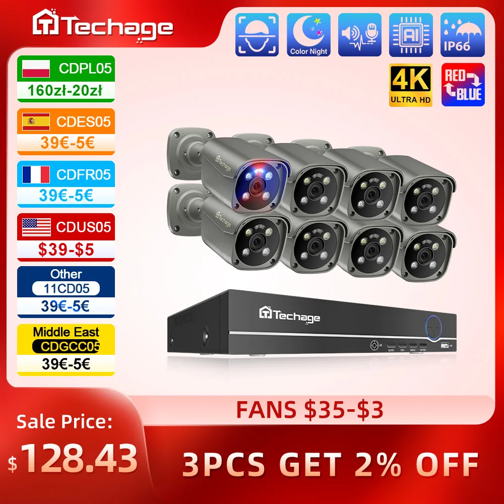 Techage H.265 8CH 5MP 4K POE Camera System Smart AI Full Color Night VIsion Face Detection CCTV Video Security Surveillance Kit