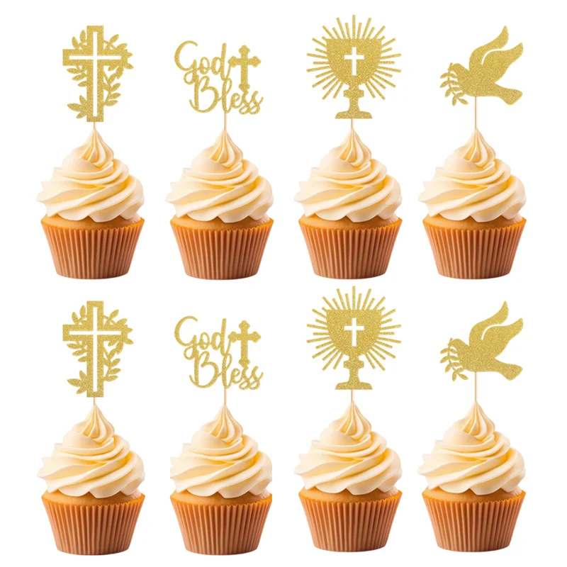YOMDID 24 Stück Cupcake-Topper mit Kreuzmotiv, glitzernde Cupcake-Picks mit Klebepunkten für Taufe, Feier, Geburtstagskuchen, Dekoration – Detail 7