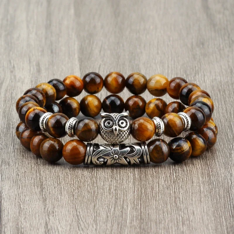 Pulsera de cuentas de piedra Natural a la moda para hombre, cuentas clásicas de búho con cuentas de ónix de Lava negra, pulseras con dijes, joyería para mujer, regalo para parejas