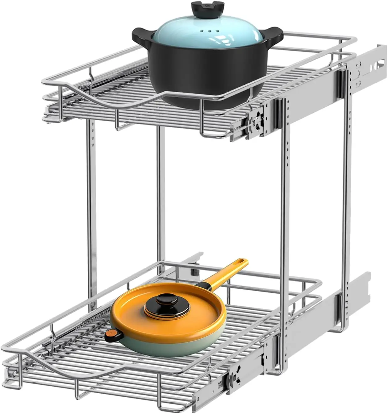 

2 Tier Pull Out Cabinet Organizer (11" W x 18" D) Heavy-Duty Metal Sliding Drawer Shelf, Two Tier Pull Out Shelves for Kitche