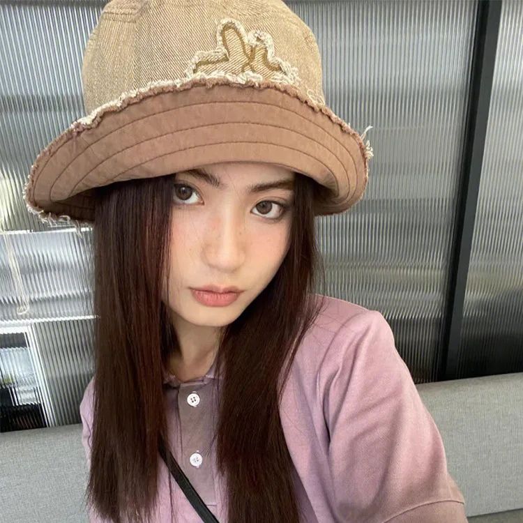 INS Summer New Pink Rough-edged Fisherman Hat Woman Flower Embroidery Korean Design Lotus Pink Fisherman Hat