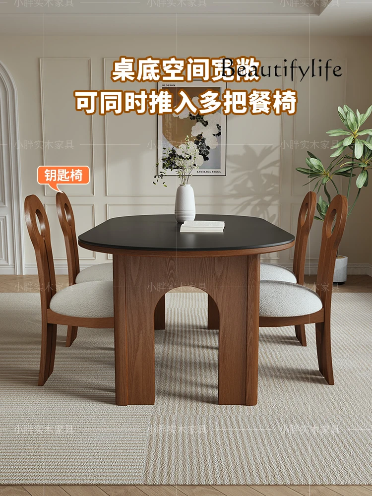 French retro solid wood rock slab dining table household oval dining table living room dining table and chair combination