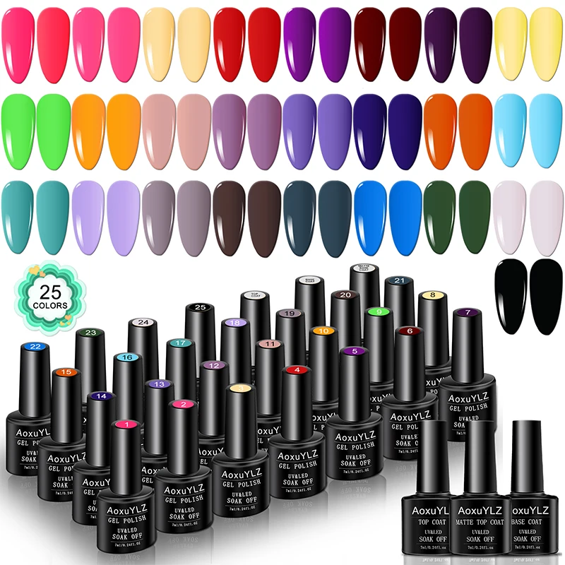 

28Pcs/Set Gel Nail Polish Set Glass bottle Soak Off UV Gel Varnish Red Pink Colorful Gel Polish Matte Top Base Coat Nail Gel Kit