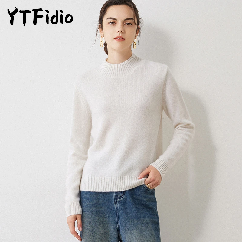 YTFidio 100% Cashmere Women Half high collar Turtleneck Slim Sweaters Office Lady Solid Elastic Pullover Female Tops 15