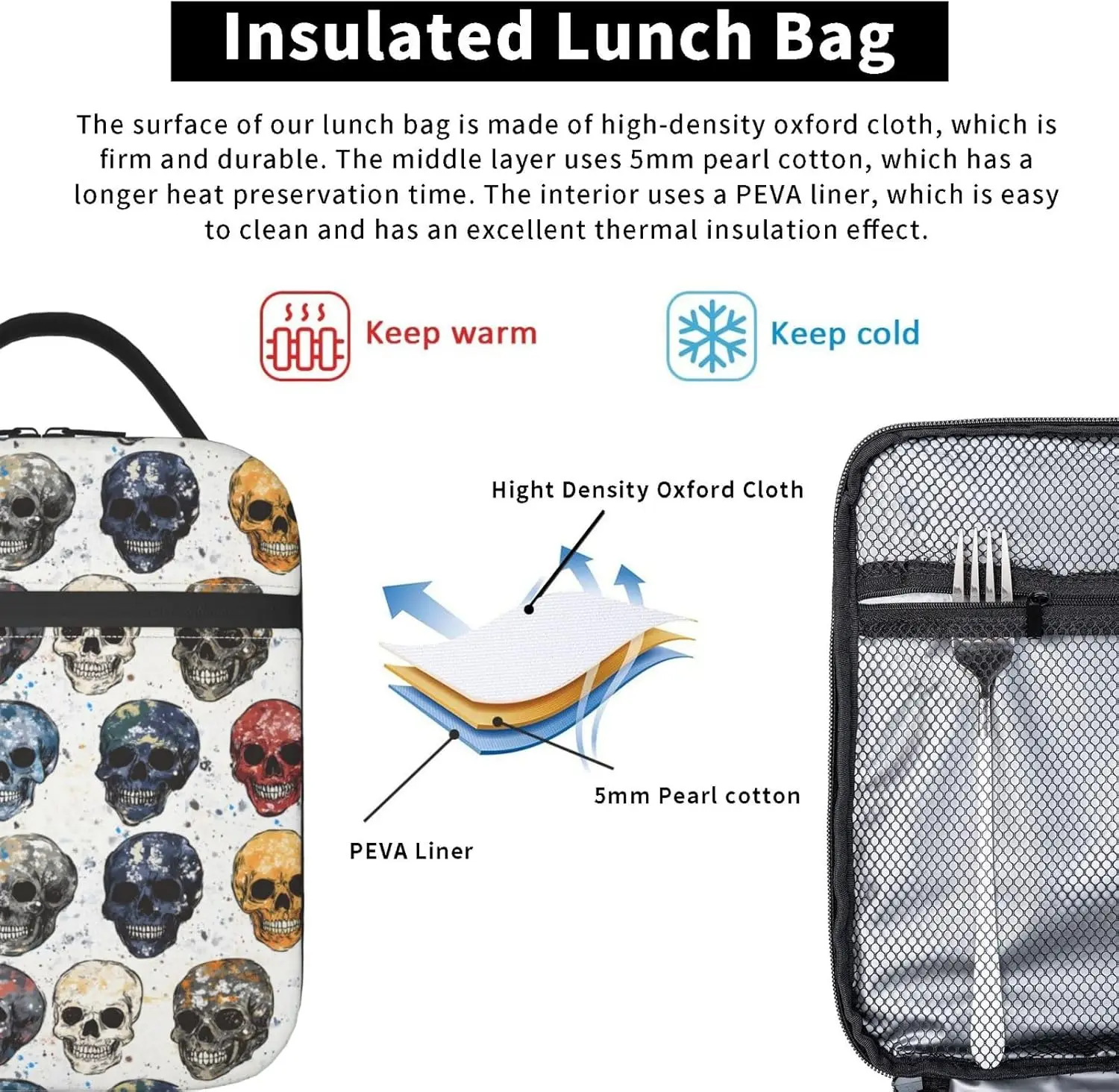 Fiambrera con forma de calavera, bolsa de almuerzo aislada para niños, niñas, niños, mujeres, fiambrera reutilizable, contenedores para mujeres y hombres, bolsa más fresca duradera