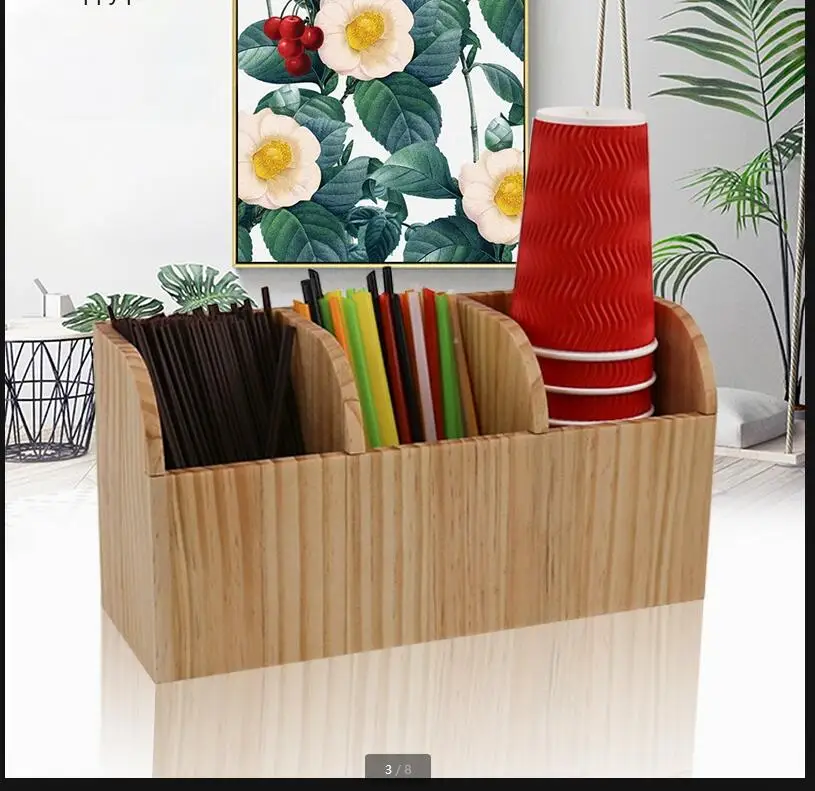 Bamboo Wood Acrylic Cup Holder Coffee Milk Tea Shop Three Grids Rack Straw Storage Organize Box Frame Container