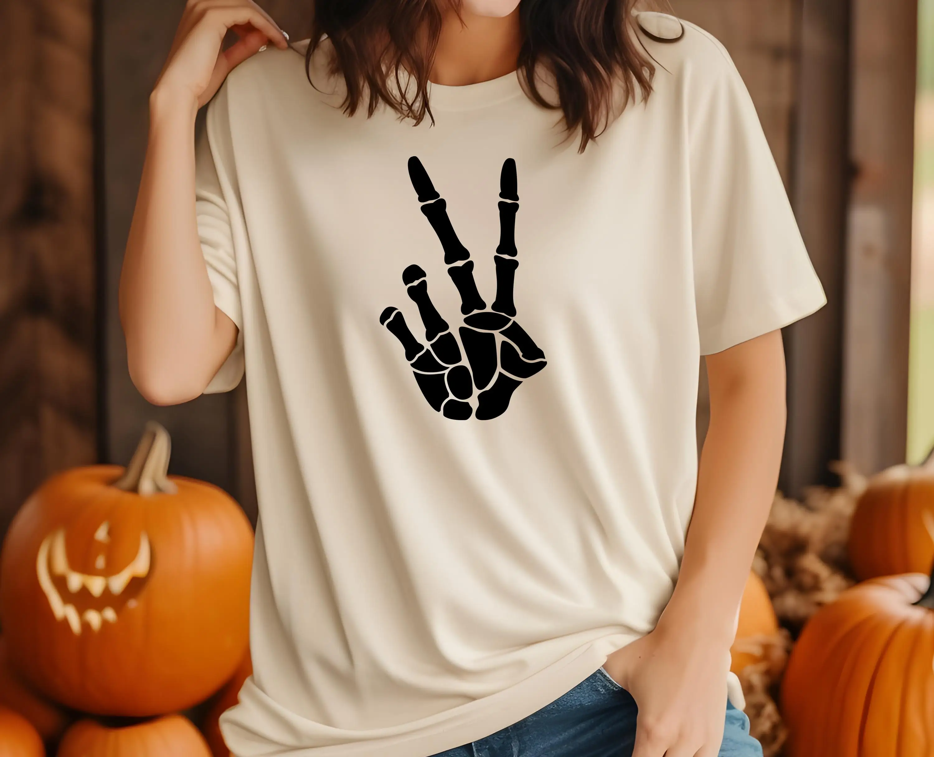 Skeleton Peace Sign T Shirt Cute Halloween Spooky Season