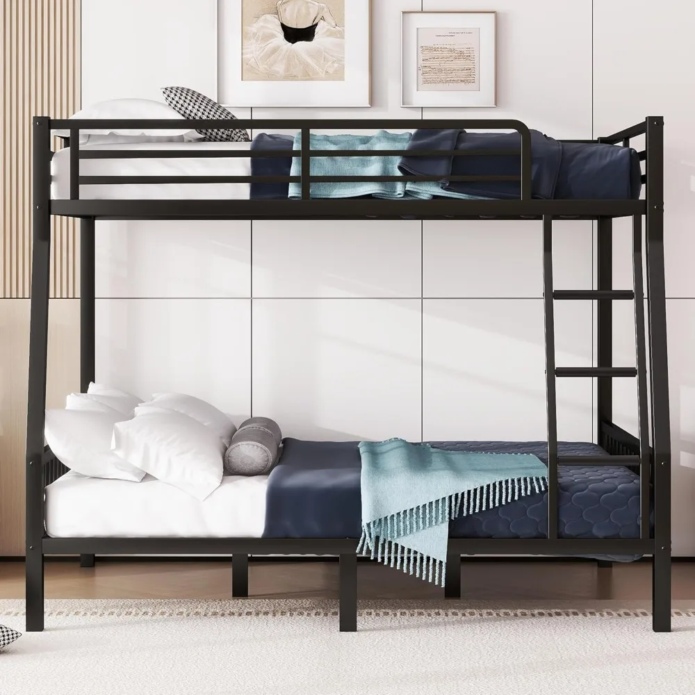 Over Queen Metal Bunk Bed,Black Metal Beds with Two Ladder and Security Fence,Heavy Duty Metal Bed Frame for Teens