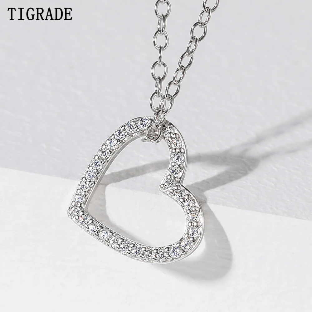 Tigrade Romantic Hollow Love Pendant Necklace Full Zirconia 925 Sterling Silver Necklaces For Women Wedding Party Jewelry Gifts